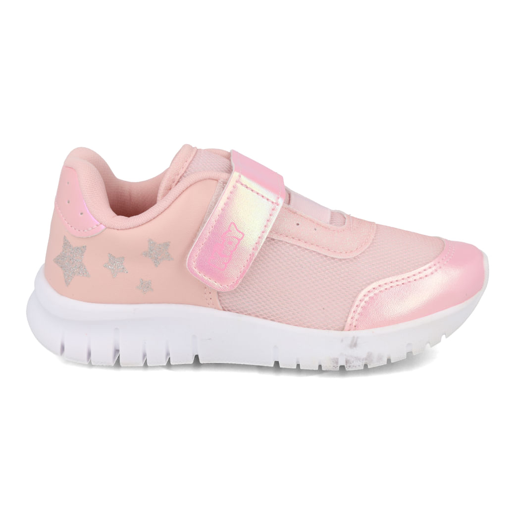 Tênis casual infantil feminino Kidy cor nude com detalhes rosa perolado, fechamento em velcro e solado branco em EVA flexível.